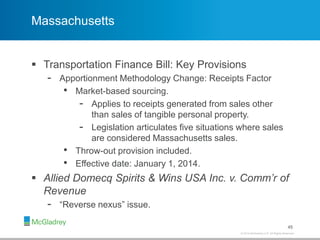 © 2012 McGladrey LLP. All Rights Reserved.© 2014 McGladrey LLP. All Rights Reserved.
Massachusetts
 Transportation Finance Bill: Key Provisions
- Apportionment Methodology Change: Receipts Factor
• Market-based sourcing.
- Applies to receipts generated from sales other
than sales of tangible personal property.
- Legislation articulates five situations where sales
are considered Massachusetts sales.
• Throw-out provision included.
• Effective date: January 1, 2014.
 Allied Domecq Spirits & Wins USA Inc. v. Comm’r of
Revenue
- “Reverse nexus” issue.
45
 