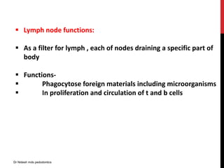 Lymph node functions:
 As a filter for lymph , each of nodes draining a specific part of
body
 Functions-
 Phagocytose foreign materials including microorganisms
 In proliferation and circulation of t and b cells
Dr Nidesh mds pedodontics
 