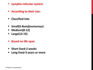  Lympho-reticular system
 According to their size-
 Classified into
 Small(5-8um)(numerous)
 Medium(8-12)
 Large(12-15)
 Based on life span
 Short lived-2 weeks
 Long lived-3 years or more
Dr Nidesh mds pedodontics
 
