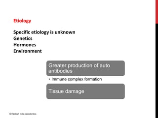Etiology
Specific etiology is unknown
Genetics
Hormones
Environment
Greater production of auto
antibodies
• Immune complex formation
Tissue damage
Dr Nidesh mds pedodontics
 