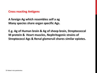 Cross reacting Antigens
A foreign Ag which resembles self a ag
Many species share organ specific Ags.
E.g. Ag of Human brain & Ag of sheep brain, Streptococcal
M protein & Heart muscles, Nephritogenic strains of
Streptococci Ags & Renal glomeruli shares similar epiotes.
Dr Nidesh mds pedodontics
 