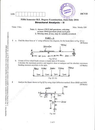 USN 10cv53
Fifth Semester B.E. Degree
*-:::--:r;-
Examination, Juie/July 201 6
Time: 3 hrs.
Structural Analysis - ll
Max. Marks:100
Note: 1. Answer FIVEfult questions, selecting
ctt least TWO questions from each part.
2. Missing dota, tf any, may be suitably ssswmed.
PA.RT _ A
7 a. Find the shear force at 'x' using influence iine diagram, for the beam show in Fig. Ql(a)
(t)B Marks)
A train of Five wheel loads crosses a simple span of 30 meters.
Calculate the maximum positive and negative shear at midspan and the absolute maximum
bending moment anyr,vhere in the span (12 Marks)
JooF^l [8otr4
Analyse the frame shown in Fig Q2 by using slope deflection method. Draw BMD and SFD.
(20 Marks)
[0Srlrn
lDk^t
&orrt
T-
6)
!
o.
(c
(!
o
(n
6)
Eg
-:>
x.
GIU
5In'uoll
.=&(o:f,
xoo
ts()
()gl
-oEi
Es
a:i
o()
boicS(d
-o>!/6
!s5
3(J'-^=v
o-x
trEo.v
oj
E=
toOIE
EE
HO
=ib.=
ooo
tro!
of=
=d:t()
=ou!
t-., <
-.j c..i
o
o
z
(d
!
o
E
SorK^rlfi
qoK,t
?r-', *2a-, -*+ lTn +t-lro +<- &su'r
Fig. Q1(a)
Fig. Ql (b)
k
Fig. Q2
I of3
 