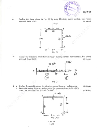 6 Analyse the frame shown in
approach. Draw BMD.
Fig. Q6 by using
Fig. Q7
8 a. Explain degrees of freedom, free vibration, natural frequency and damping.
b. Determine natural frequency and period of the systern as shown in Fig. Q8(b)
Take t = 6.5x107mma and E:2*10s Nimm2.
g n"l"t
T
&orr
ts- 6*a
. Fie.Q8(b)
**rrr,<a
3 of3
l0cv53
(20 Marks)
(08 Marks)
(tr2 Marks)
5or,rl
E-l- 6rq ----+
F ig. Q6
7 Analyse the continuous beam shown in Fig.Q7 by using stiffness matrix method. Use system
approach Draw BMD. (20 Marks)
Io rul'n
'{f
a
fI
I
5'$)
/
J
A
tOrn
@
 