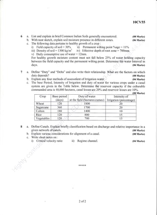 6a.
b.
c.
List and explain in brief Common Indian Soils generally encountered.
With neat sketch, explain soil moisture presence in different zones.
a. Define "Duty" and "Delta" and also write their relationship. What
duty depends? 1i
l0cv55
(08 Marks)
(06 Marks)
are the factors on which
(08 Marks)
(04 Marks)
under a canal
the culturable
are l0o/o.
Marks)
importance in a
(08 Marks)
(08 Marks)
(04 Marks)
The following data pertains to healthy growth of a crop :
D Field capacity of soil :30o/o it) Permanent wilting point %age : ltoh
iii) Density of soil : i300 kg/m3 iv) Eflbctive depth of root zone:700mrn.
v) Daily consumptive use of water: 12mm.
For healthy growth moisture content must not fall below 25oh of water holding capacity
between the field capacity and the permanent wilting point. Determine the water Interval in
days. (06 Marks)
b. Explain any four methods of assessrrient of Irrigation water.
c. The base Period, Intensity of Irrigation and duty of water for various crops
system are given in the Table below. Determine the reservoir capacity if
commanded area is 40,000 hectares, canal losses'are 20a/o and reservoir losses
a. Define Canals. Exp!4in briefly classification based on discharge and relative
given network of canals.
b. Expiain variotrs considerations for alignment of a canal.
c. Write short potes on :
i) Critical velocity ratio ii) Regime channel.
Duty'of water
at the field.(hectares/cumec
Intensity of
tion (percentage)
2 ofZ
 