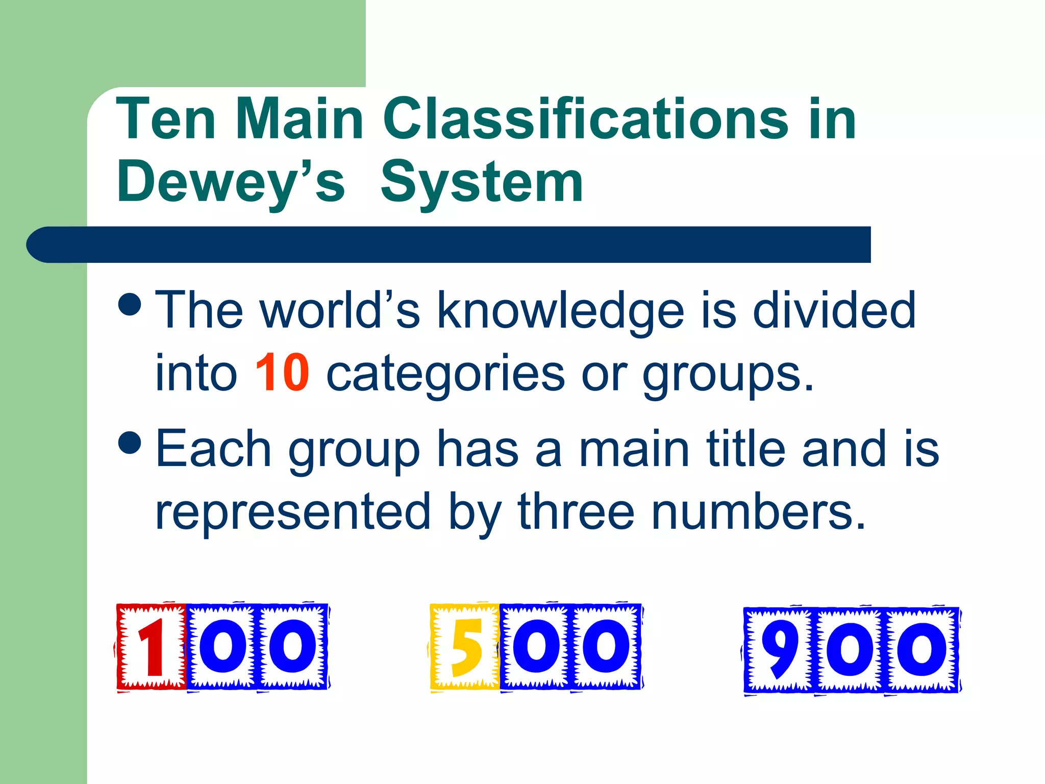 Who created the Dewey Decimal
Classification System?
 Melvil Dewey was born on December 10, 1851
 Melvil Dewey created the number order system
for library books when he was 21 years old.
 Melvil Dewey started the first school for
librarians.
 