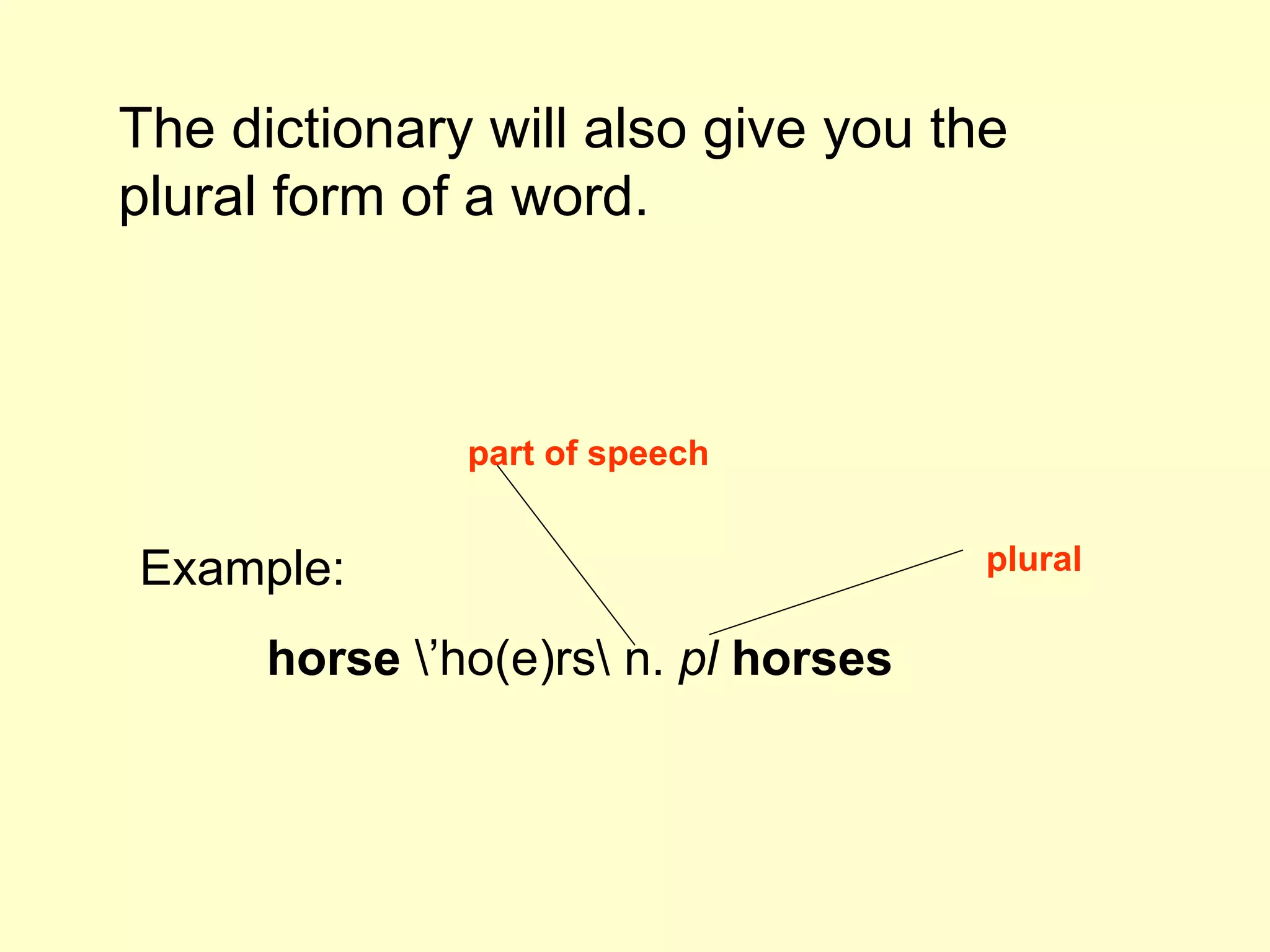 The dictionary will also give you the plural form of a word. Example: horse  \’ho(e)rs\ n.  pl  horses  plural part of speech 