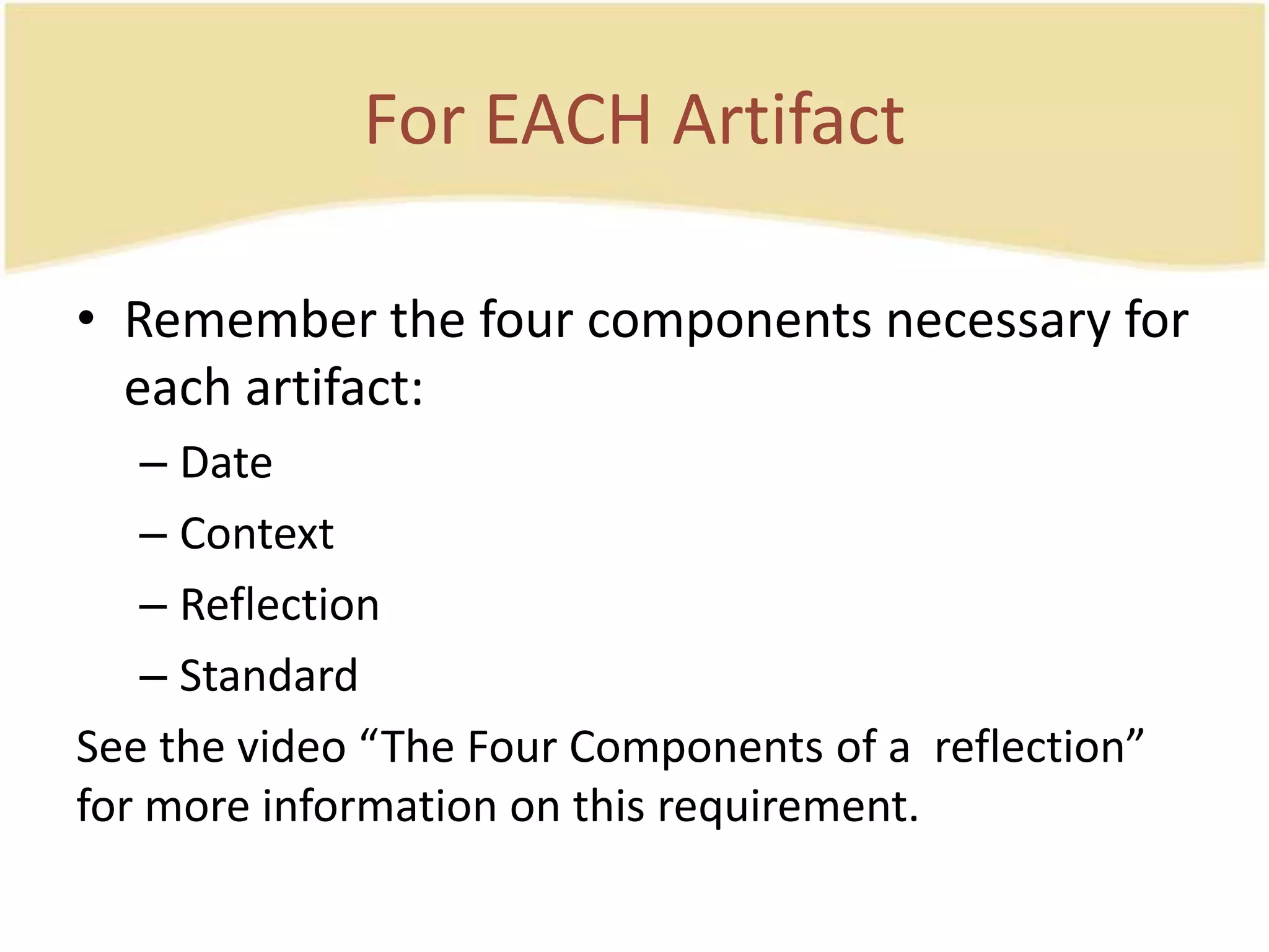 For EACH ArtifactRemember the four components necessary for each artifact:DateContextReflectionStandardSee the video “The Four Components of a  reflection” for more information on this requirement.