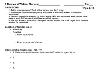 5 Themes at Webber Name(s)________________                      _______________ Per___
DIRECTIONS-                                                                         *Pgs. 6-10
   1. Get to know someone! Work with a partner you don’t know.
   2. How do the 5 themes of geography apply here at Webber? Answer in complete
   sentences!
   3. Partners may share answers. In place, region, HEI, and movement, each partner must
   have at least ONE answer that differs from their partner.
   4. 3B4 me! Refer to your notes, then your partner’s notes, the book pages 6-10, then the
   teacher for questions.

Location of Webber (pg. 7)
    – Absolute
    – Relative
         • From your home


           • From your partner’s home


Place. What is Webber like? (pgs. 7-9)
    – 1. Webber is a middle school with over 800 students, ages 10-14.

    – 2.

    – 3.

    – 4.
 