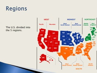 RegionsThe U.S. divided into the 5 regions.