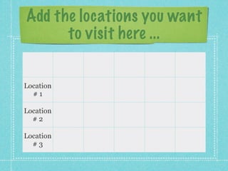 Add the locations you want
      to visit here ...


Location
  #1

Location
  #2

Location
  #3
 