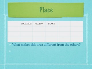 Place
     LOCATION   REGION   PLACE




What makes this area different from the others?
 