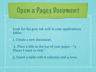 Open a Pages Document

Look for the grey ink well in your applications
folder.

1. Create a new document.

2. Place a title at the top of your paper - “3
Places I want to visit.”

3. Insert a table with 6 columns and 4 rows.
 