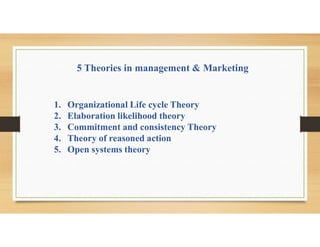 1. Organizational Life cycle Theory
2. Elaboration likelihood theory
3. Commitment and consistency Theory
4. Theory of reasoned action
5. Open systems theory
5 Theories in management & Marketing
 