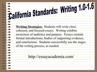 California Standards:  Writing 1.0-1.6 Writing Strategies:   Students will write clear,  coherent, and focused essays.  Writing exhibits awareness of audience and purpose.  Essays contain formal introductions, bodies of supporting evidence, and conclusions.  Students successfully use the stages of the writing process, as needed. http://essayacademia.com/ 