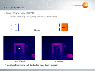 19/24Testo AG, SuperResolution - Webconference (1.0), 1000len-juj, 15.11.2012, Confidentiality 2
Variable Aperture
• Setup: Black Body at 60°C,
variable aperture ( d = 2-32mm), camera at 1.6m distance
60°C
160cm
d = 32mm d = 6mm
Evaluating temperature of the hottest spot (Max-on-area)
 