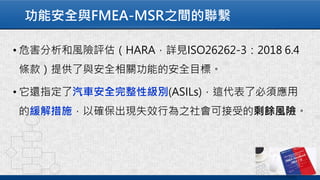功能安全與FMEA-MSR之間的聯繫
• 危害分析和風險評估（HARA，詳見ISO26262-3：2018 6.4
條款）提供了與安全相關功能的安全目標。
• 它還指定了汽車安全完整性級別(ASILs)，這代表了必須應用
的緩解措施，以確保出現失效行為之社會可接受的剩餘風險。
 