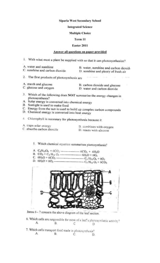 Siparia West Secondary School
Integrated Science
Multiple Choice
Term 11
Easter 2011
Answer all questions on paper provided
 