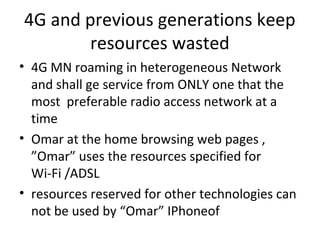 4G and previous generations keep
resources wasted
• 4G MN roaming in heterogeneous Network
and shall ge service from ONLY one that the
most preferable radio access network at a
time
• Omar at the home browsing web pages ,
”Omar” uses the resources specified for
Wi-Fi /ADSL
• resources reserved for other technologies can
not be used by “Omar” IPhoneof
 