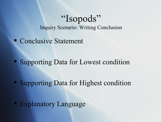 “Isopods” Inquiry Scenario: Writing Conclusion Conclusive Statement Supporting Data for Lowest condition Supporting Data for Highest condition Explanatory Language 