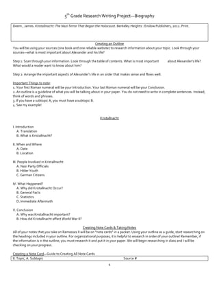 5th Grade Research Writing Project—Biography
Deem , James. Kristallnacht: The Nazi Terror That Began the Holocaust. Berkeley Heights : Enslow Publishers, 2012. Print.

Creating an Outline
You will be using your sources (one book and one reliable website) to research information about your topic. Look through your
sources—what is most important about Alexander and his life?
Step 1: Scan through your information. Look through the table of contents. What is most important
What would a reader want to know about him?

about Alexander’s life?

Step 2: Arrange the important aspects of Alexander’s life in an order that makes sense and flows well.
Important Things to note:
1. Your first Roman numeral will be your Introduction. Your last Roman numeral will be your Conclusion.
2. An outline is a guideline of what you will be talking about in your paper. You do not need to write in complete sentences. Instead,
think of words and phrases.
3. If you have a subtopic A, you must have a subtopic B.
4. See my example!

Kristallnacht
I. Introduction
A. Translation
B. What is Kristallnacht?
II. When and Where
A. Date
B. Location
III. People Involved in Kristallnacht
A. Nazi Party Officials
B. Hitler Youth
C. German Citizens
IV. What Happened?
A. Why did Kristallnacht Occur?
B. General Facts
C. Statistics
D. Immediate Aftermath
V. Conclusion
A. Why was Kristallnacht important?
B. How did Kristallnacht affect World War II?
Creating Note Cards & Taking Notes
All of your notes that you take on Ramesses II will be on “note cards” in a packet. Using your outline as a guide, start researching on
the headings included in your outline. For organizational purposes, it is helpful to research in order of your outline! Remember, if
the information is in the outline, you must research it and put it in your paper. We will begin researching in class and I will be
checking on your progress.
Creating a Note Card—Guide to Creating All Note Cards
II. Topic, A. Subtopic

Source #
4

 
