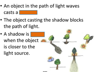 • An object in the path of light waves
casts a shadow.
• The object casting the shadow blocks
the path of light.
• A shadow is larger
when the object
is closer to the
light source.
 