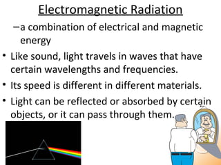 Electromagnetic Radiation
–a combination of electrical and magnetic
energy
• Like sound, light travels in waves that have
certain wavelengths and frequencies.
• Its speed is different in different materials.
• Light can be reflected or absorbed by certain
objects, or it can pass through them.
 