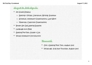 5th First Day 12.notebook                                                                      August 17, 2012


                August 16, 2012 Agenda:
                • 5th Grade Syllabus

                     > Spelling & Vocab, Literature, Writing, Grammar

                     > Schedule, Homework Expectations, Late Work

                     > Materials, Classroom Expectations
                • Binder Set Up/Labeling Supplies

                • Language Arts Blog

                • Spelling Pre‐Test, Grade & List

                • Vocab Homework Introduction


                                                    Homework:
                                                    • Unit 1 Spelling Post Test, August 23rd

                                                    • Vocab pgs. 15‐16 due Thursday, August 23rd




                                                                                                                 1
 
