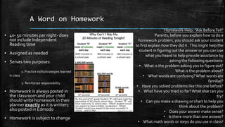 A Word on Homework
▪ 40- 50 minutes per night- does
not include Independent
Reading time
▪ Assigned as needed
▪ Serves two purposes:
1. Practice skills/strategies learned
in class
2. Reinforces responsibility
▪ Homework is always posted in
the classroom and your child
should write homework in their
planner exactly as it is written;
also posted in Edmodo
▪ Homework is subject to change
Homework Help: “Ask BeforeTell”
Parents, before you explain how to do a
homework problem, you should ask your student
to first explain how they did it .This might help the
student in figuring out the answer or you can use
what you heard to help provide assistance by
asking the following questions:
• What is the problem asking you to figure out?
What is the problem about?
• What words are confusing?What words are
familiar?
• Have you solved problems like this one before?
• What have you tried so far? What else can you
try?
• Can you make a drawing or chart to help you
think about the problem?
• Does your answer make sense?
• Is there more than one answer?
• What math words or steps do you use in class?
 