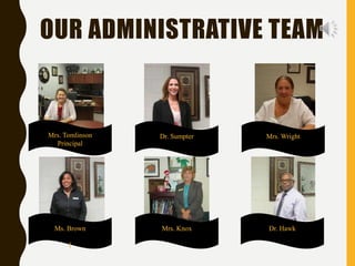 OUR ADMINISTRATIVE TEAM
Mrs. Tomlinson
Principal
Dr. Sumpter
Ms. Brown
I
Mrs. Knox Dr. Hawk
Mrs. Wright
 