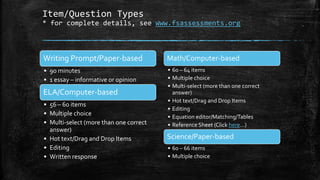 Item/Question Types
* for complete details, see www.fsassessments.org
Writing Prompt/Paper-based
• 90 minutes
• 1 essay – informative or opinion
ELA/Computer-based
• 56 – 60 items
• Multiple choice
• Multi-select (more than one correct
answer)
• Hot text/Drag and Drop Items
• Editing
• Written response
Math/Computer-based
• 60 – 64 items
• Multiple choice
• Multi-select (more than one correct
answer)
• Hot text/Drag and Drop Items
• Editing
• Equation editor/Matching/Tables
• Reference Sheet (Click here…)
Science/Paper-based
• 60 – 66 items
• Multiple choice
 