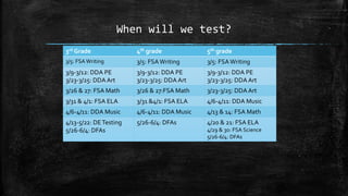 When will we test?
3rd Grade 4th grade 5th grade
3/5: FSA Writing 3/5: FSAWriting 3/5: FSAWriting
3/9-3/12: DDA PE
3/23-3/25: DDA Art
3/9-3/12: DDA PE
3/23-3/25: DDA Art
3/9-3/12: DDA PE
3/23-3/25: DDA Art
3/26 & 27: FSA Math 3/26 & 27:FSA Math 3/23-3/25: DDA Art
3/31 & 4/1: FSA ELA 3/31 &4/1: FSA ELA 4/6-4/11: DDA Music
4/6-4/11: DDA Music 4/6-4/11: DDA Music 4/13 & 14: FSA Math
4/13-5/22: DETesting
5/26-6/4: DFAs
5/26-6/4: DFAs 4/20 & 21: FSA ELA
4/29 & 30: FSA Science
5/26-6/4: DFAs
 