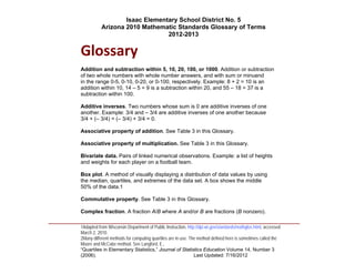 Isaac Elementary School District No. 5
                     Arizona 2010 Mathematic Standards Glossary of Terms
                                          2012-2013


          Glossary  
          Addition and subtraction within 5, 10, 20, 100, or 1000. Addition or subtraction
          of two whole numbers with whole number answers, and with sum or minuend
          in the range 0-5, 0-10, 0-20, or 0-100, respectively. Example: 8 + 2 = 10 is an
          addition within 10, 14 – 5 = 9 is a subtraction within 20, and 55 – 18 = 37 is a
          subtraction within 100.

          Additive inverses. Two numbers whose sum is 0 are additive inverses of one
          another. Example: 3/4 and – 3/4 are additive inverses of one another because
          3/4 + (– 3/4) = (– 3/4) + 3/4 = 0.

          Associative property of addition. See Table 3 in this Glossary.

          Associative property of multiplication. See Table 3 in this Glossary.

          Bivariate data. Pairs of linked numerical observations. Example: a list of heights
          and weights for each player on a football team.

          Box plot. A method of visually displaying a distribution of data values by using
          the median, quartiles, and extremes of the data set. A box shows the middle
          50% of the data.1

          Commutative property. See Table 3 in this Glossary.

          Complex fraction. A fraction A/B where A and/or B are fractions (B nonzero).
____________________________________________________________________________________
          1Adapted from Wisconsin Department of Public Instruction, http://dpi.wi.gov/standards/mathglos.html, accessed
          March 2, 2010.
          2Many different methods for computing quartiles are in use. The method defined here is sometimes called the
          Moore and McCabe method. See Langford, E.,
          “Quartiles in Elementary Statistics,” Journal of Statistics Education Volume 14, Number 3
          (2006).                                                       Last Updated: 7/16/2012
 