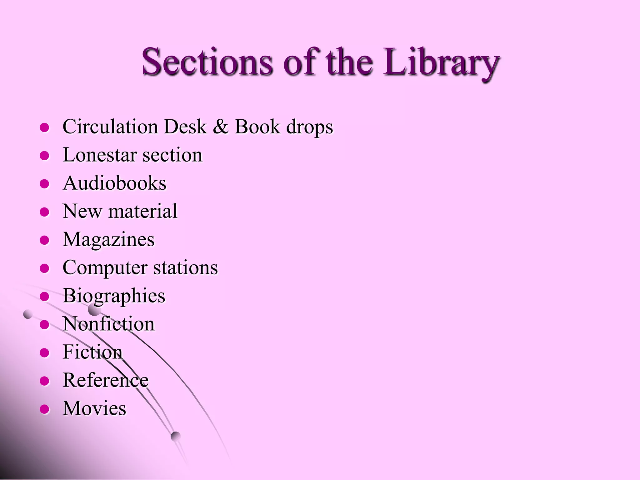 Sections of the Library
   Circulation Desk & Book drops
   Lonestar section
   Audiobooks
   New material
   Magazines
   Computer stations
   Biographies
   Nonfiction
   Fiction
   Reference
   Movies
 