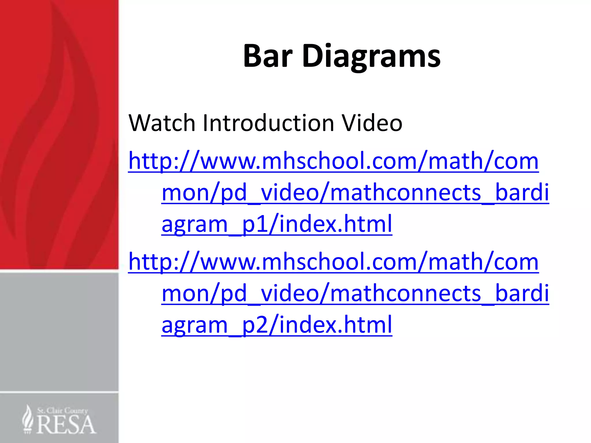 Bar Diagrams
Watch Introduction Video
http://www.mhschool.com/math/com
   mon/pd_video/mathconnects_bardi
   agram_p1/index.html
http://www.mhschool.com/math/com
   mon/pd_video/mathconnects_bardi
   agram_p2/index.html
 