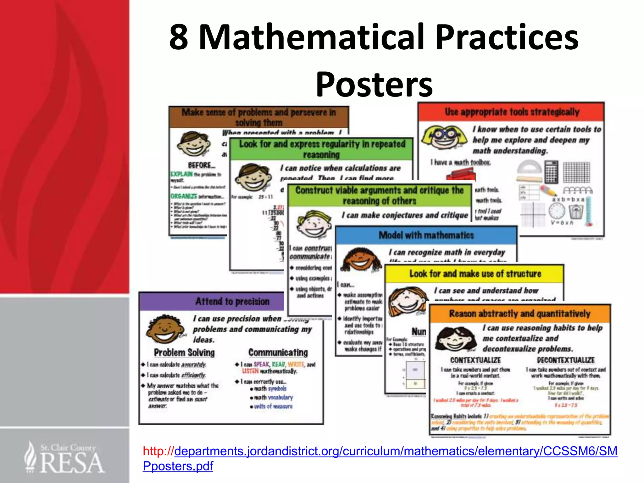 8 Mathematical Practices
           Posters




http://departments.jordandistrict.org/curriculum/mathematics/elementary/CCSSM6/SM
Pposters.pdf
 