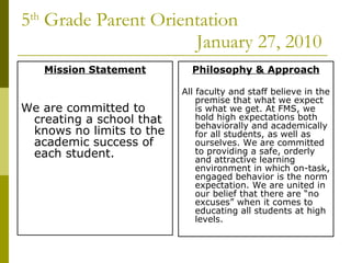 5 th  Grade Parent Orientation January 27, 2010 ,[object Object],[object Object],[object Object],[object Object]
