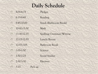 Daily Schedule 8:00-8:15 Pledges 8:15-9:45 Reading 9:45-10:00 Snack (Bathroom Break) 10:00-11:30 Math 11:30-12:15 Spelling/Grammar/Writing 12:15-12:55 Lunch/Recess  12:55-1:05 Bathroom Break 1:05-1:50 Science 1:50-2:25 Social Studies 2:30-3:10 Electives 3:15 Pick up 