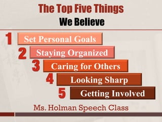 The Top Five Things
We Believe
Ms. Holman Speech Class
Set Personal Goals
Staying Organized
Caring for Others
Looking Sharp
Getting Involved
 