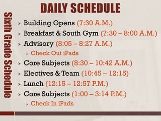  Building Opens (7:30 A.M.)
 Breakfast & South Gym (7:30 – 8:00 A.M.)
 Advisory (8:05 – 8:27 A.M.)
 Check Out iPads
 Core Subjects (8:30 – 10:42 A.M.)
 Electives & Team (10:45 – 12:15)
 Lunch (12:15 – 12:57 P.M.)
 Core Subjects (1:00 – 3:14 P.M.)
 Check In iPads
SixthGradeSchedule
 