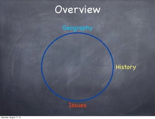 Overview
Geography
History
Issues
Saturday, August 17, 13
 