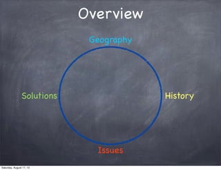 Overview
Geography
History
Issues
Solutions
Saturday, August 17, 13
 