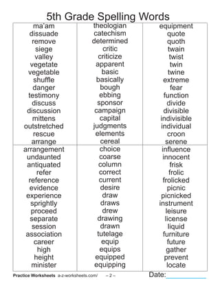 5th grade spelling words list