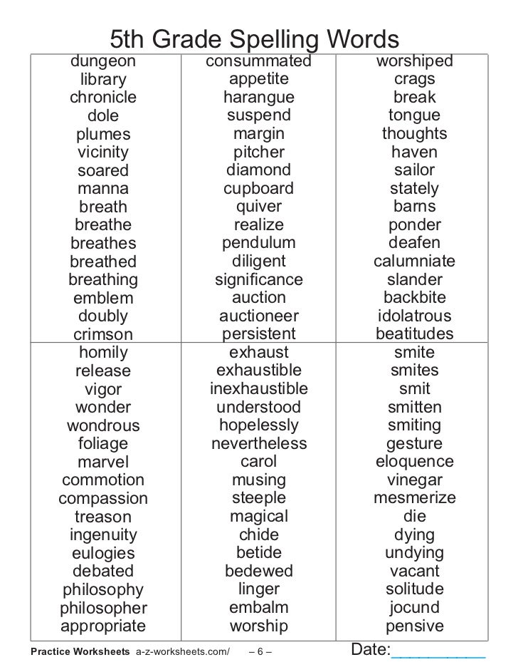 Spelling Words For 5th Graders Printables