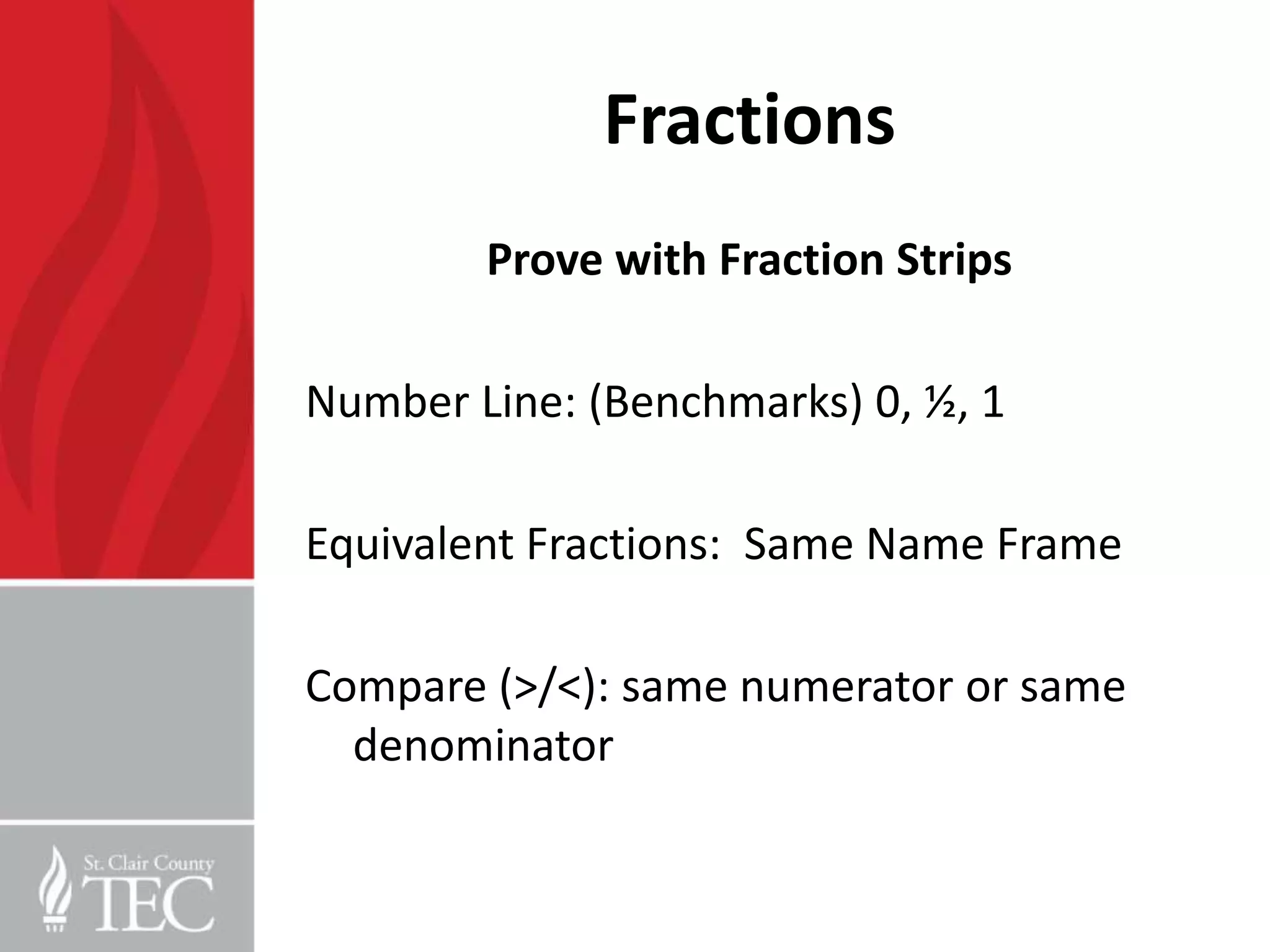 Fractions
        Prove with Fraction Strips

Number Line: (Benchmarks) 0, ½, 1

Equivalent Fractions: Same Name Frame

Compare (>/<): same numerator or same
  denominator
 