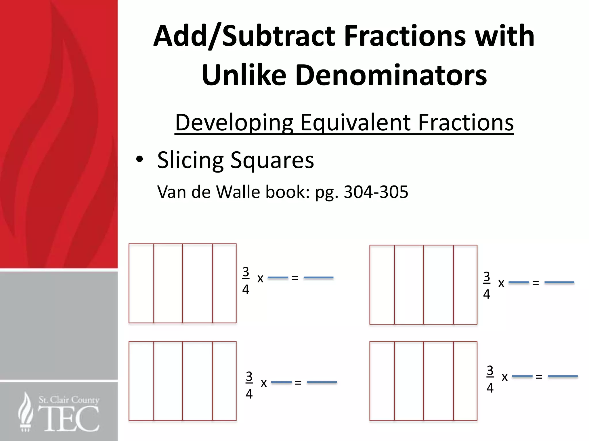 Add/Subtract Fractions with
    Unlike Denominators
    Developing Equivalent Fractions
• Slicing Squares
  Van de Walle book: pg. 304-305


            3 x   =                3 x
            4                            =
                                   4




            3 x                    3 x   =
                  =                4
            4
 