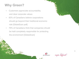 Why Green?
▪   Customers appreciate accountability
    and clear corporate values
▪   83% of Canadians believe corporations
    should go beyond their traditional economic
    role [GlobeScan poll]
▪   79% of Canadians think that companies should
    be held completely responsible for protecting
    the environment [GlobeScan]




                                                    6
 