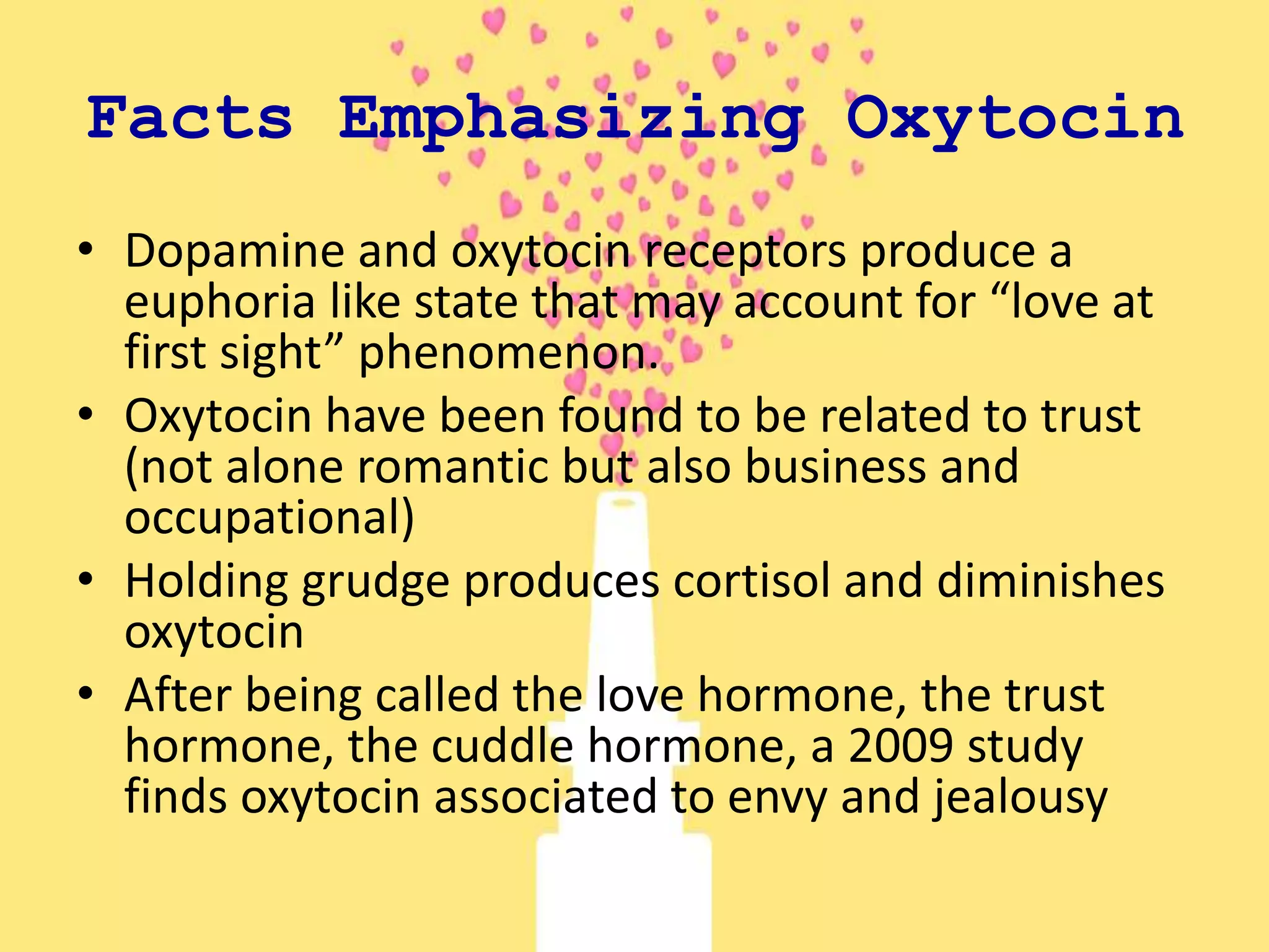 Facts Emphasizing Oxytocin
• Dopamine and oxytocin receptors produce a
euphoria like state that may account for “love at
first sight” phenomenon.
• Oxytocin have been found to be related to trust
(not alone romantic but also business and
occupational)
• Holding grudge produces cortisol and diminishes
oxytocin
• After being called the love hormone, the trust
hormone, the cuddle hormone, a 2009 study
finds oxytocin associated to envy and jealousy
 