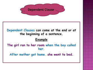 Dependent Clause




Dependent Clauses can come at the end or at
       the beginning of a sentence.
                  Example
The girl ran to her room when the boy called
                     her.
 After mother got home, she went to bed.
 