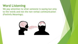 Word Listening
We pay attention to what someone is saying but only
to the words and not the non-verbal communication
(Feelinfs/Meanings).
 