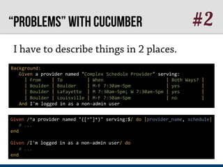 “Problems” with Cucumber #2 
I have to describe things in 2 places. 
Background: 
Given 
a 
provider 
named 
"Complex 
Sch...
